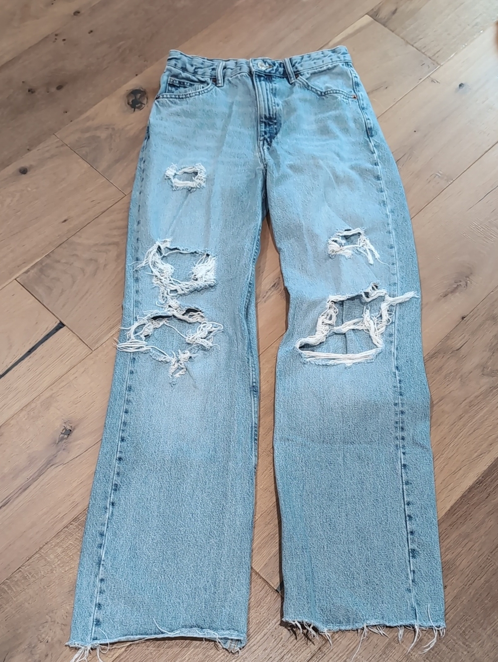Zara Light Blue Distressed Straight Leg Jeans